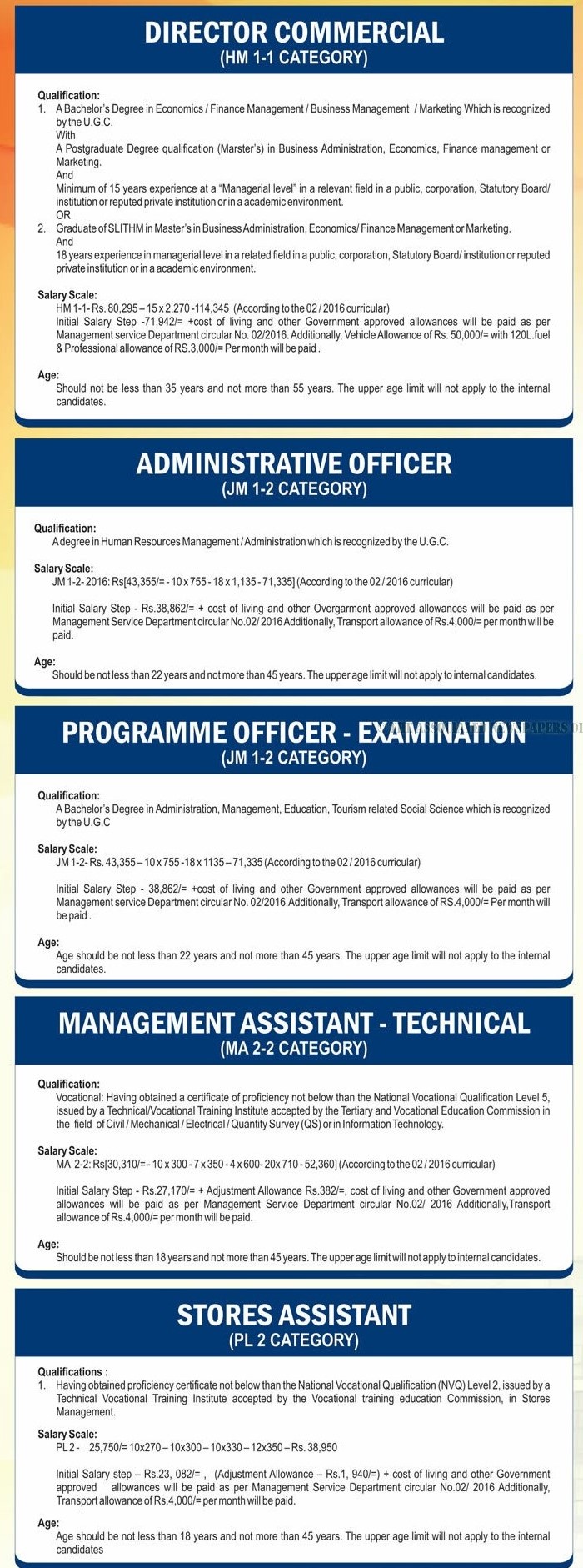 Management Assistant, Administrative Officer, Programme Officer, Stores Assistant, Director, Assistant Director, Laundry Operating Officer, Food & Beverage Officer - Sri Lanka Institute of Tourism & Hotel Management